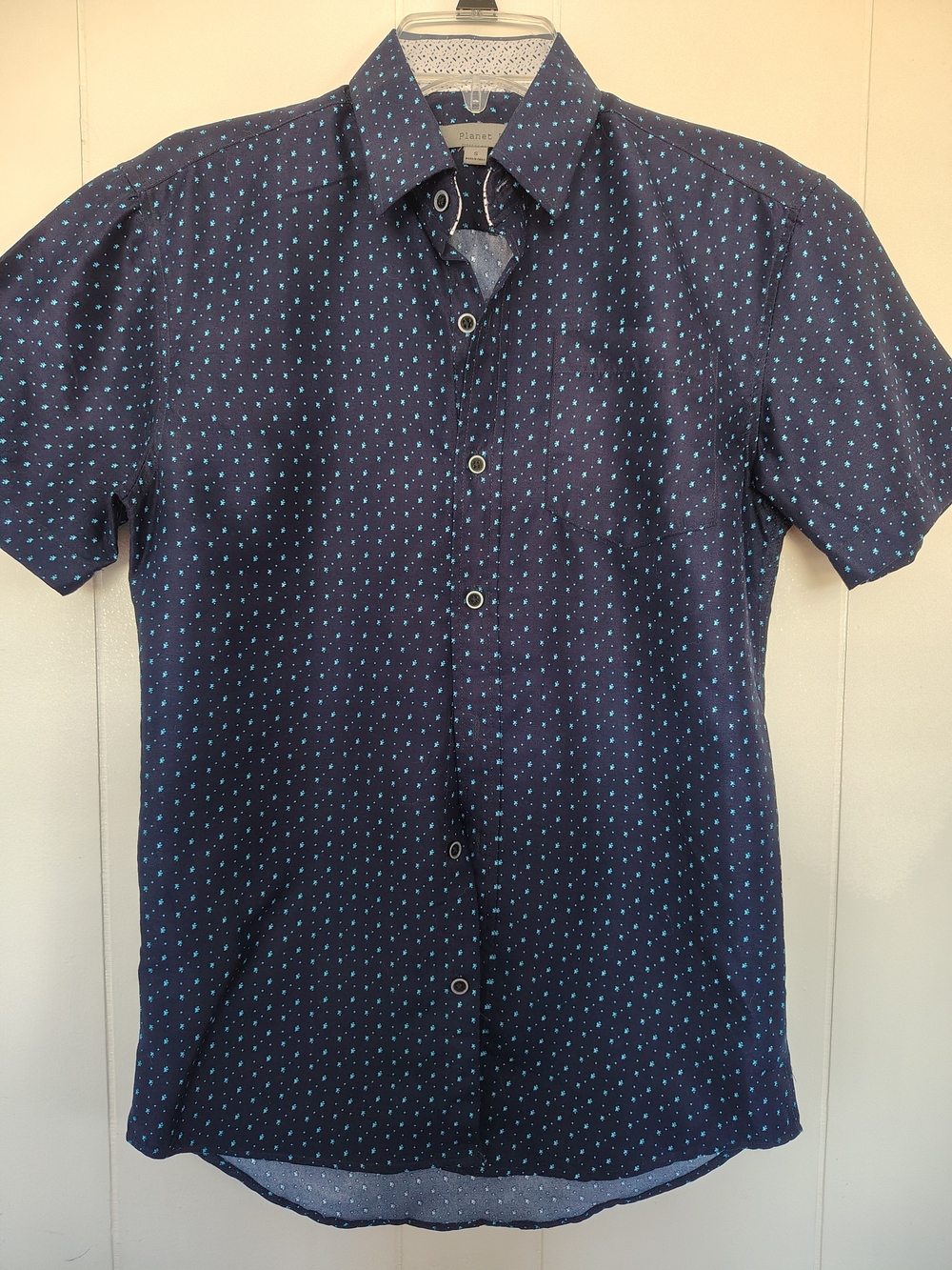 Planet B Men's Short Sleeve Button Down Shirt Navy Blue Teal Dot Small